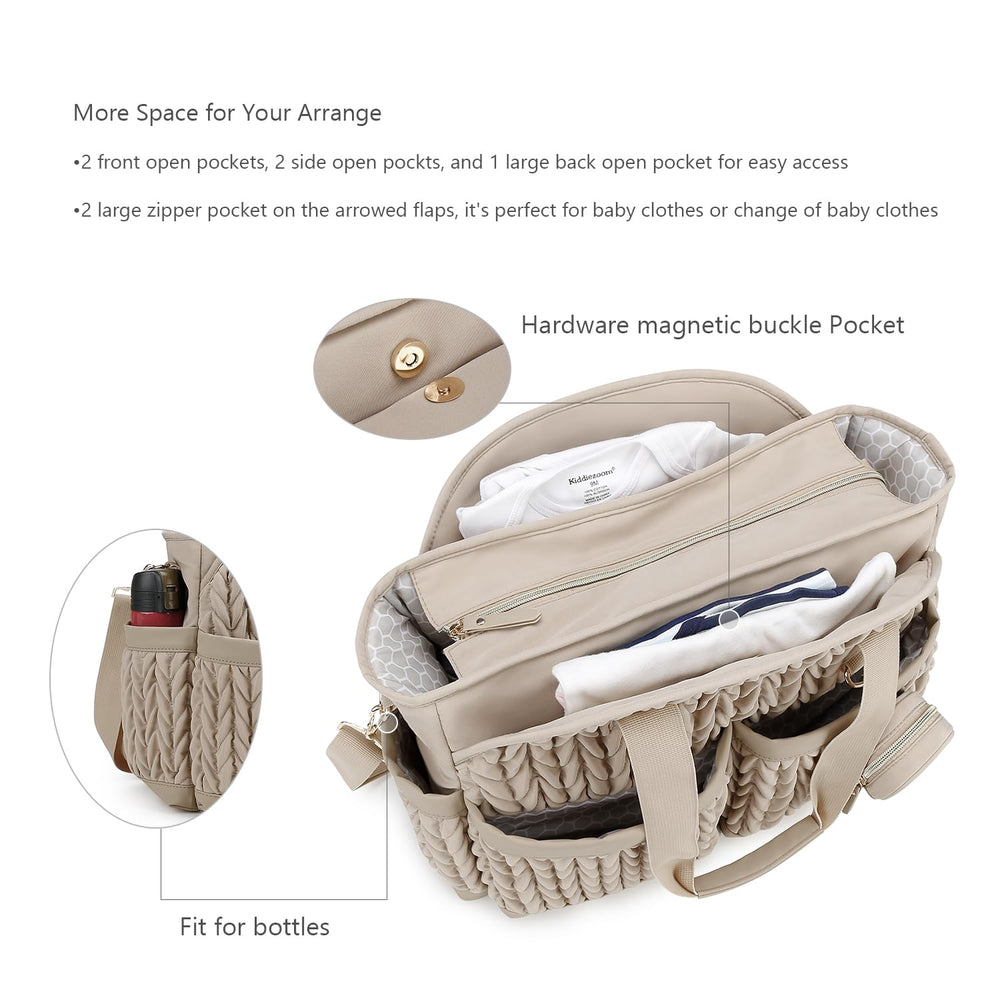 Lmbabter diaper tote shows multiple pockets for baby gear on the go.