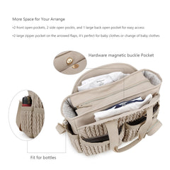 Lmbabter diaper tote shows multiple pockets for baby gear on the go.