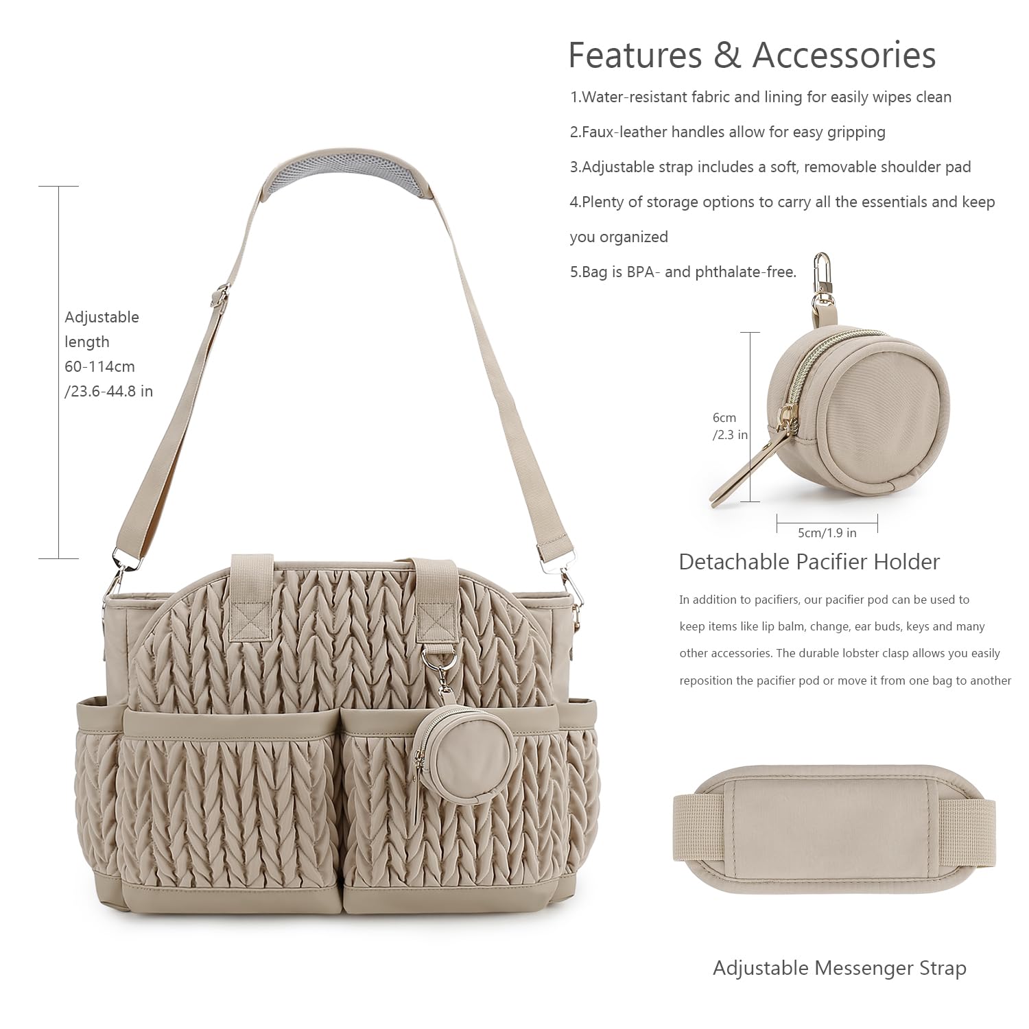 Lmbabter diaper tote quilted back pocket for quick access to small items.