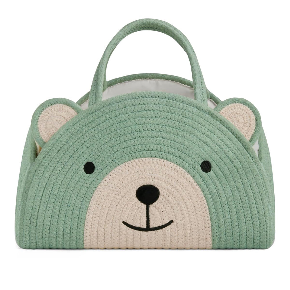 Lmbabter green bear diaper caddy with cotton rope for easy nursery organization.