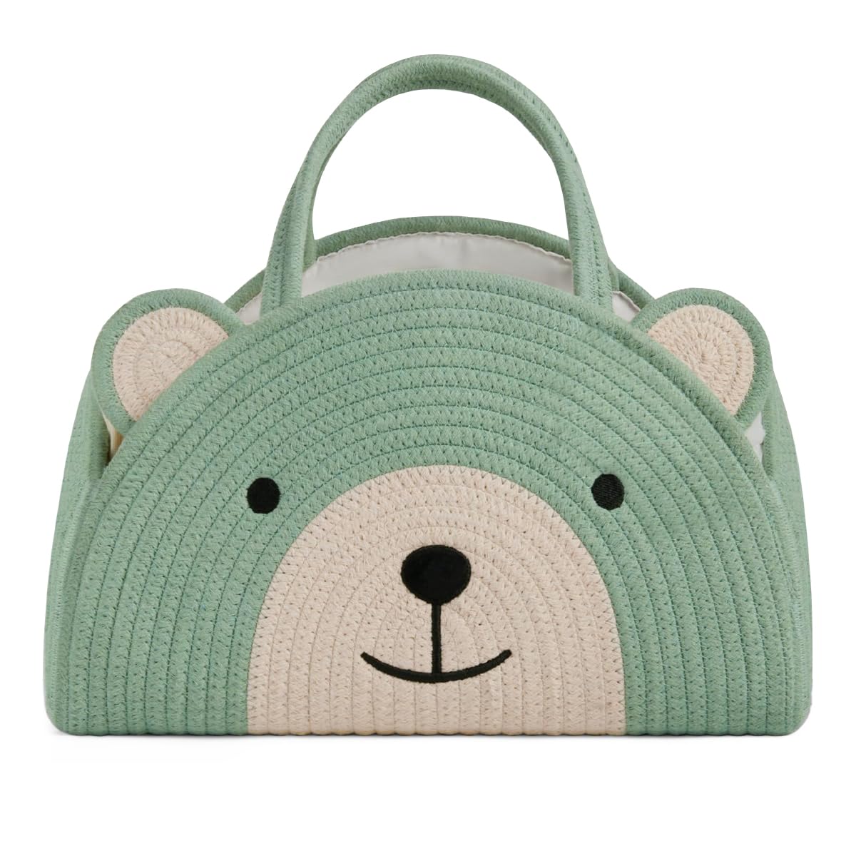 Lmbabter green bear diaper caddy with cotton rope for easy nursery organization.