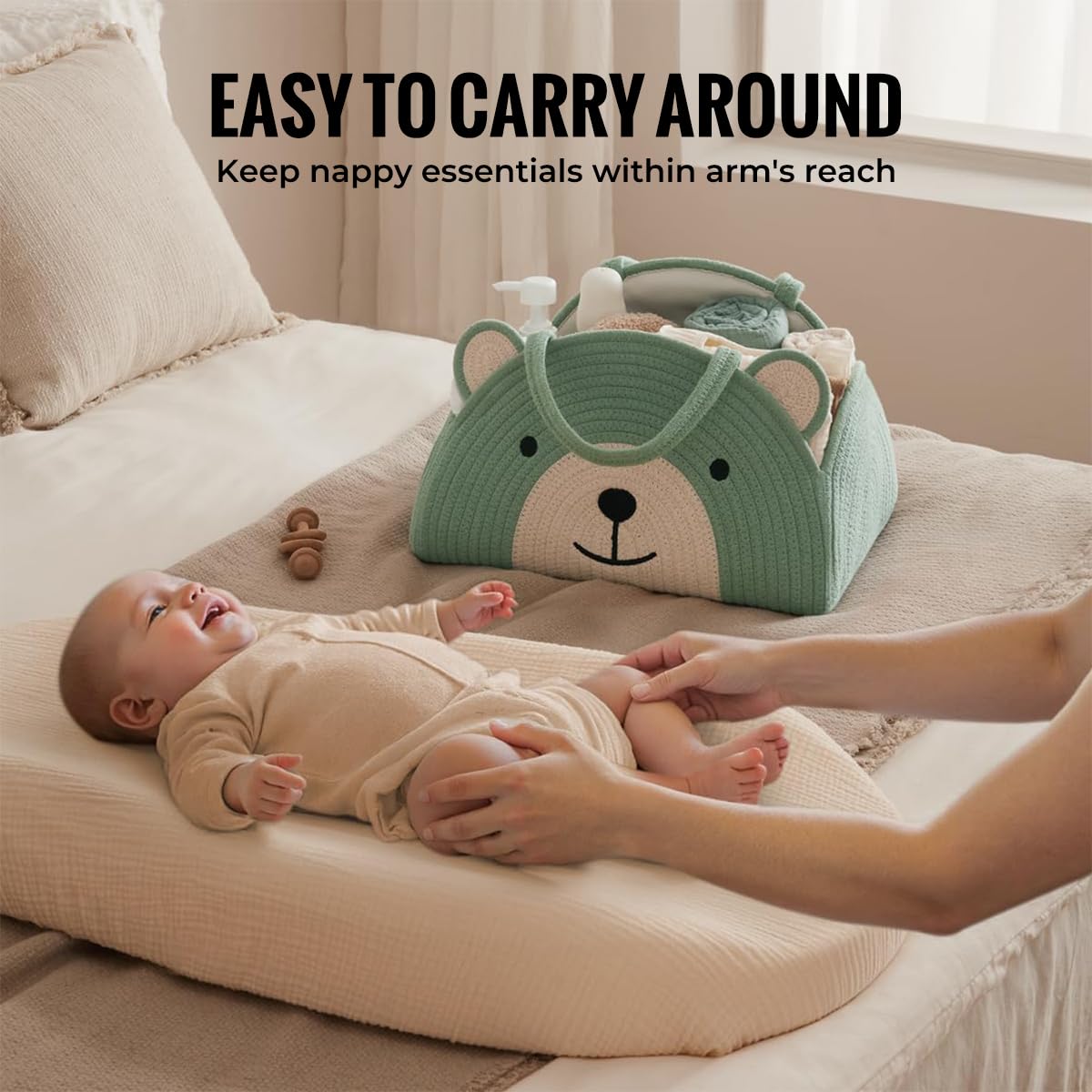 Lmbabter multi-purpose diaper caddy doubles as a home storage solution.