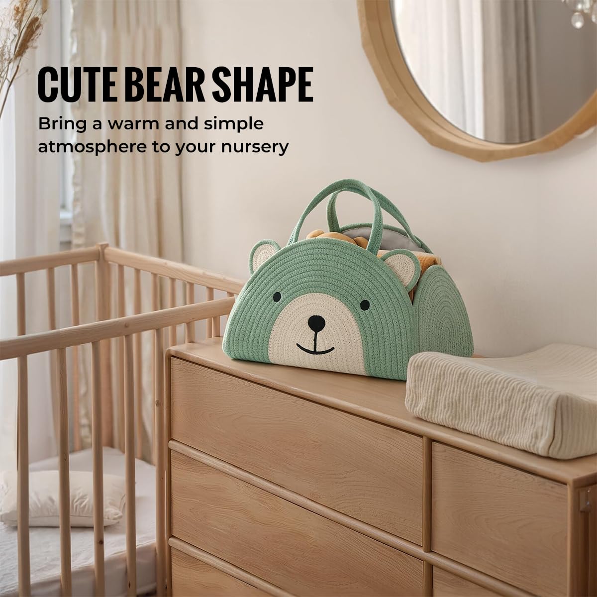 Lmbabter rainbow-themed nursery storage basket keeps diapers organized and within reach.