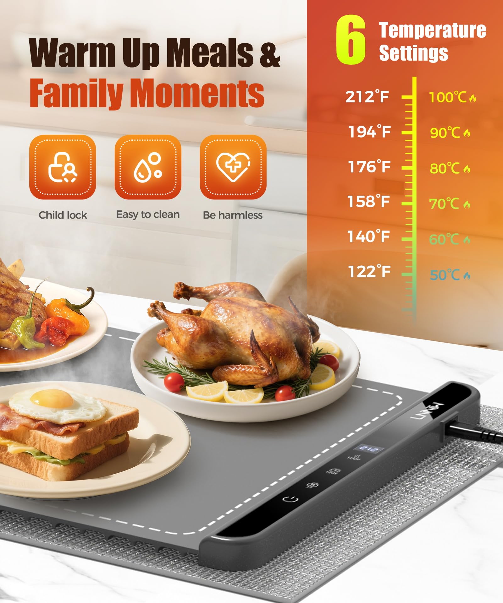 LNNIW six-temperature controls allow precise serving warmth for different dishes
