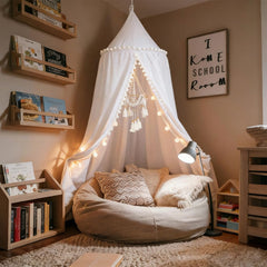 LOAOL bed canopy with pom pom white over crib for cozy shade and cute aesthetics.