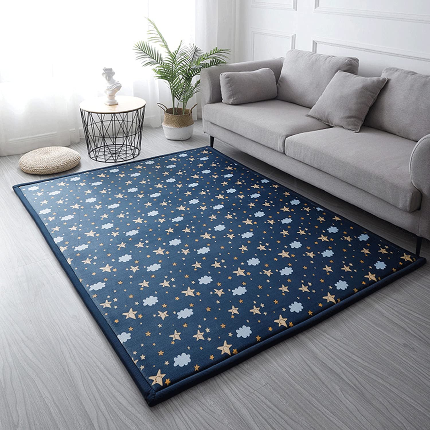 Loartee coral velvet rug with starry blue design for cozy play spaces