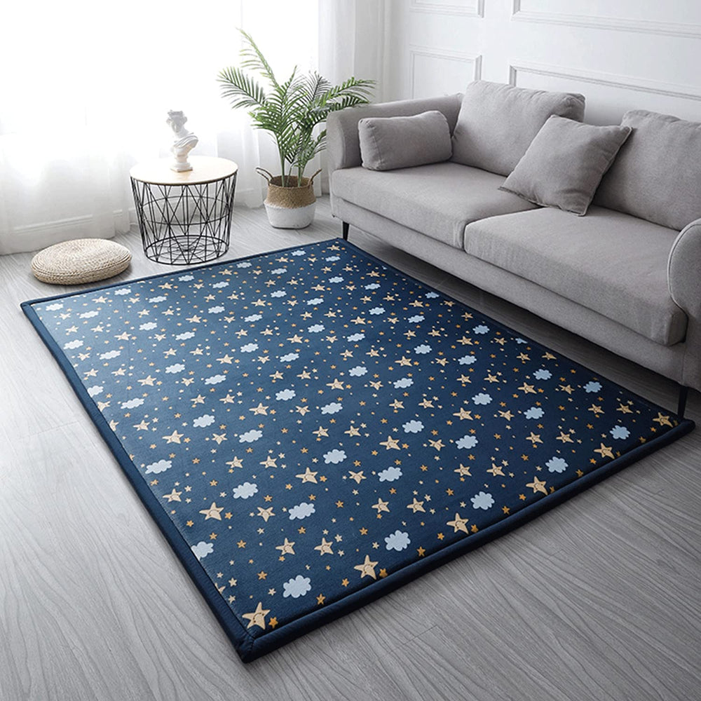 Loartee coral velvet rug with starry blue design for cozy play spaces