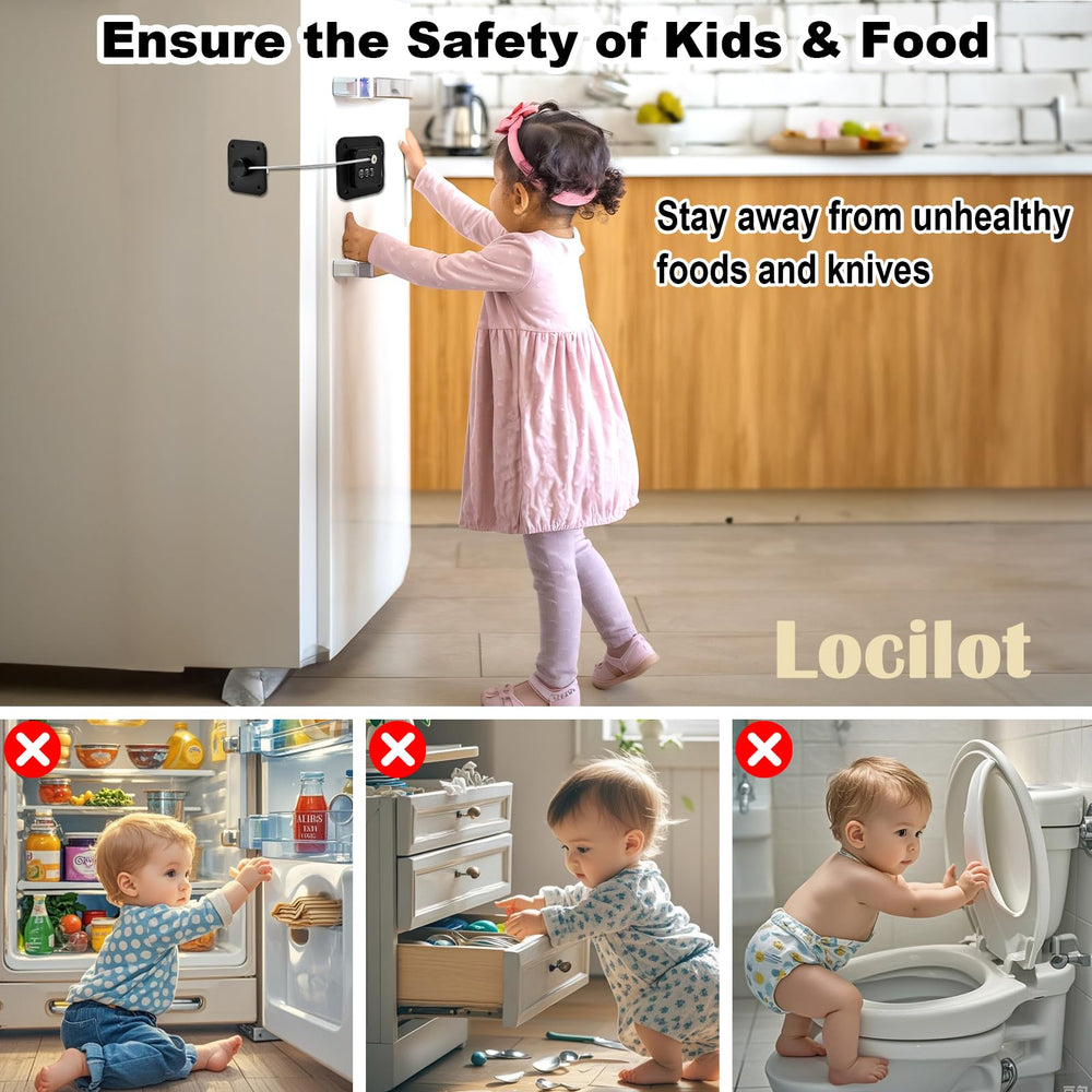 Locilot fridge lock 3-pack on a refrigerator door demonstrates quick, drill-free installation.