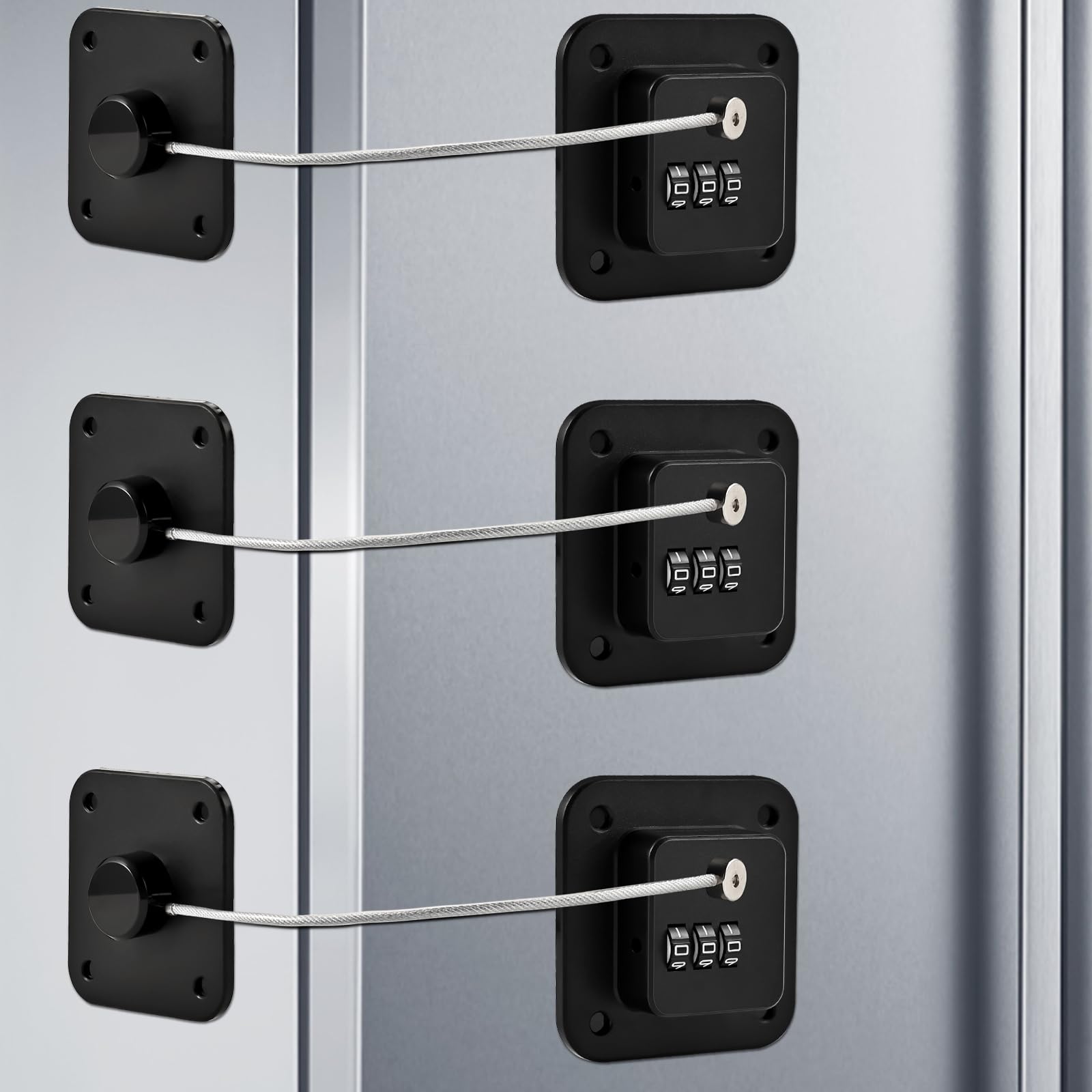 Locilot fridge lock 3-pack front view with sleek black design for safer kid access.