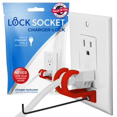 Lock Socket red three-prong outlet lock secures plugs and reduces tampering risk.