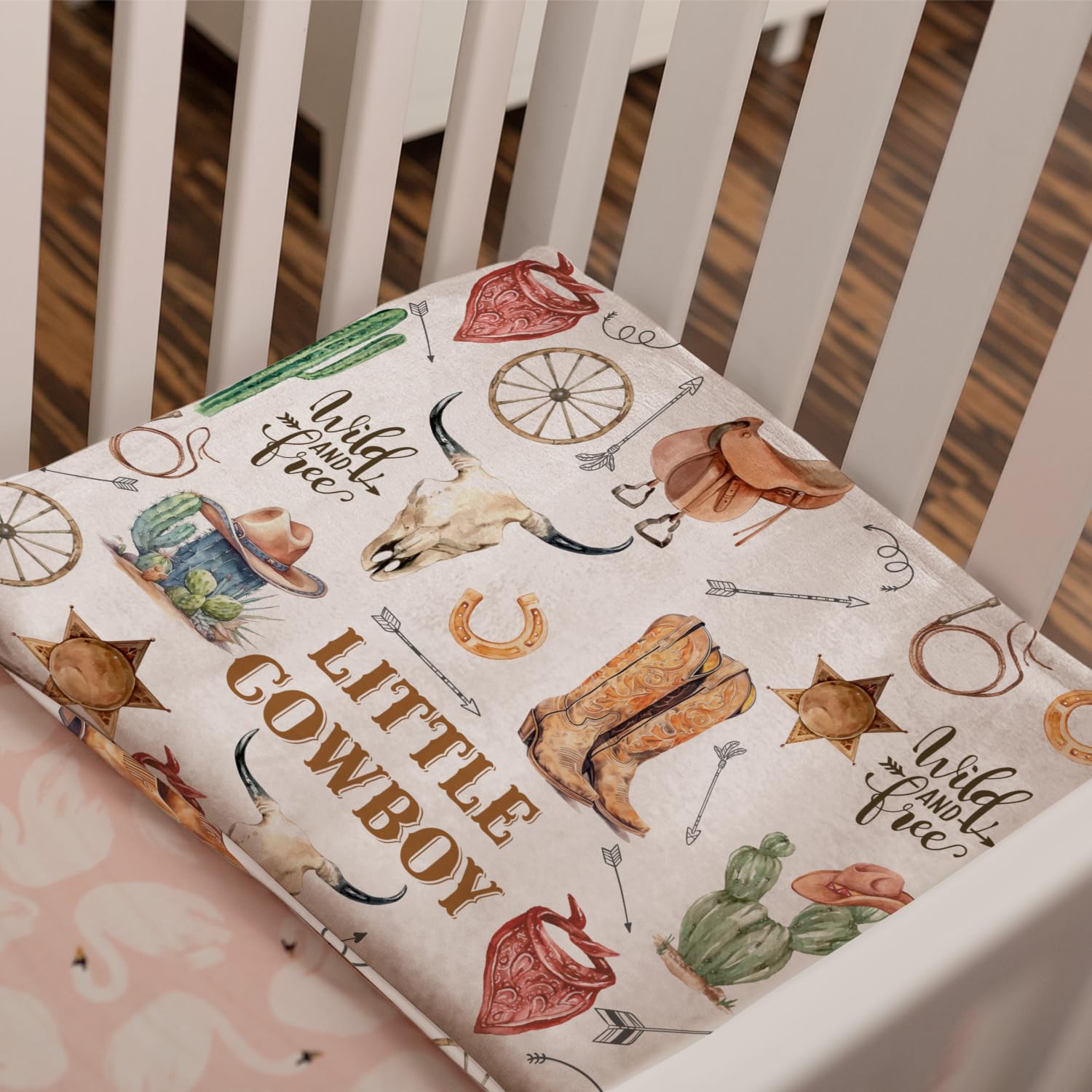 Locobird western blanket enhances nursery decor with rustic charm.