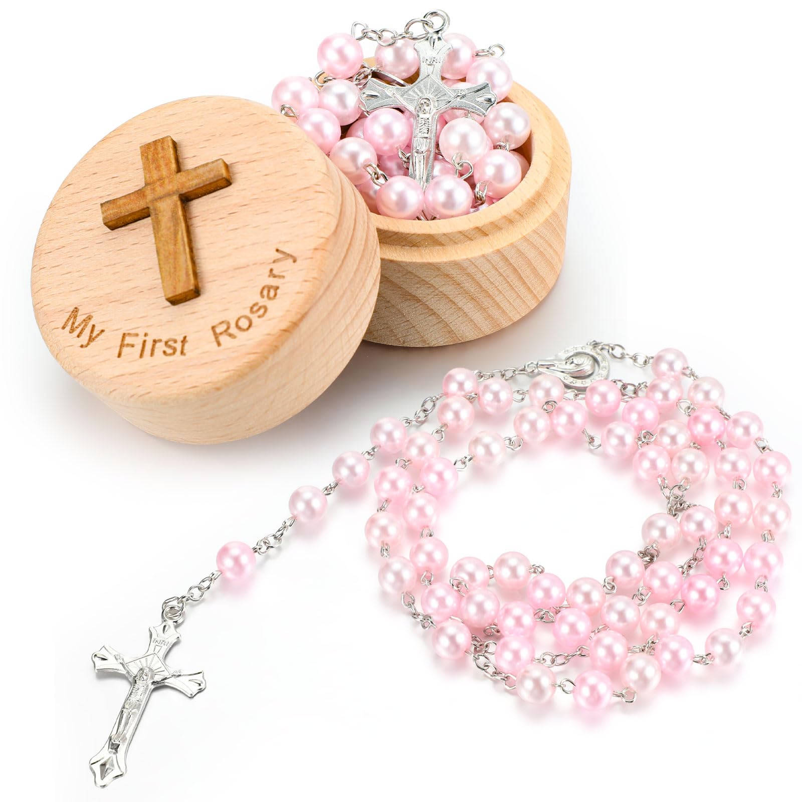Loetere pink baptism rosary necklace—perfect gift for baby showers and first communions.