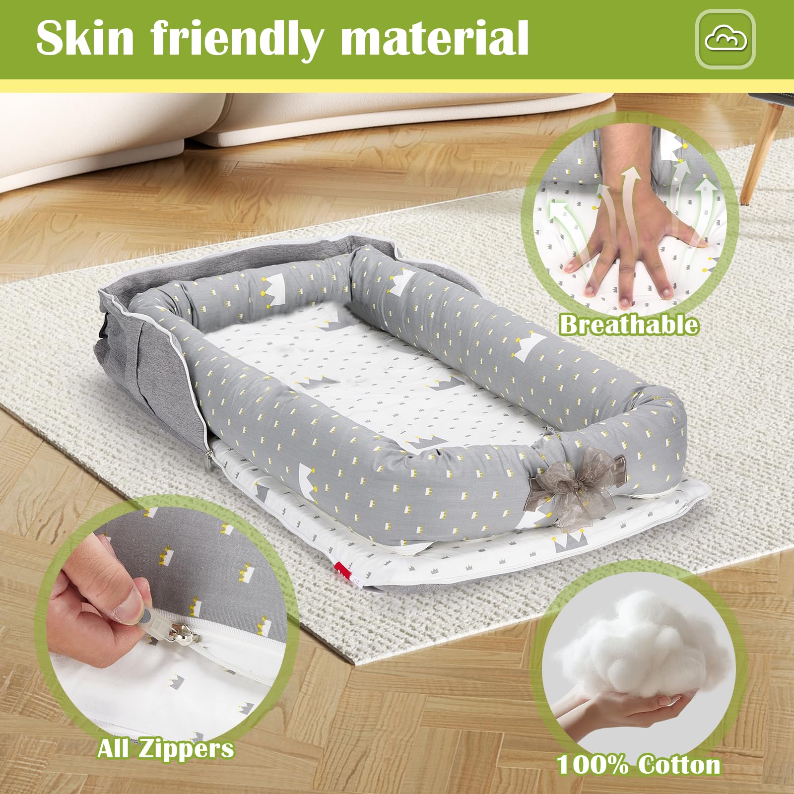 Loevin Crown Grey baby lounger zipper-cover for quick cleaning.