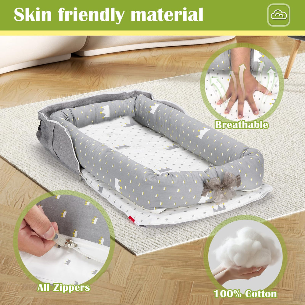 Loevin Crown Grey baby lounger zipper-cover for quick cleaning.