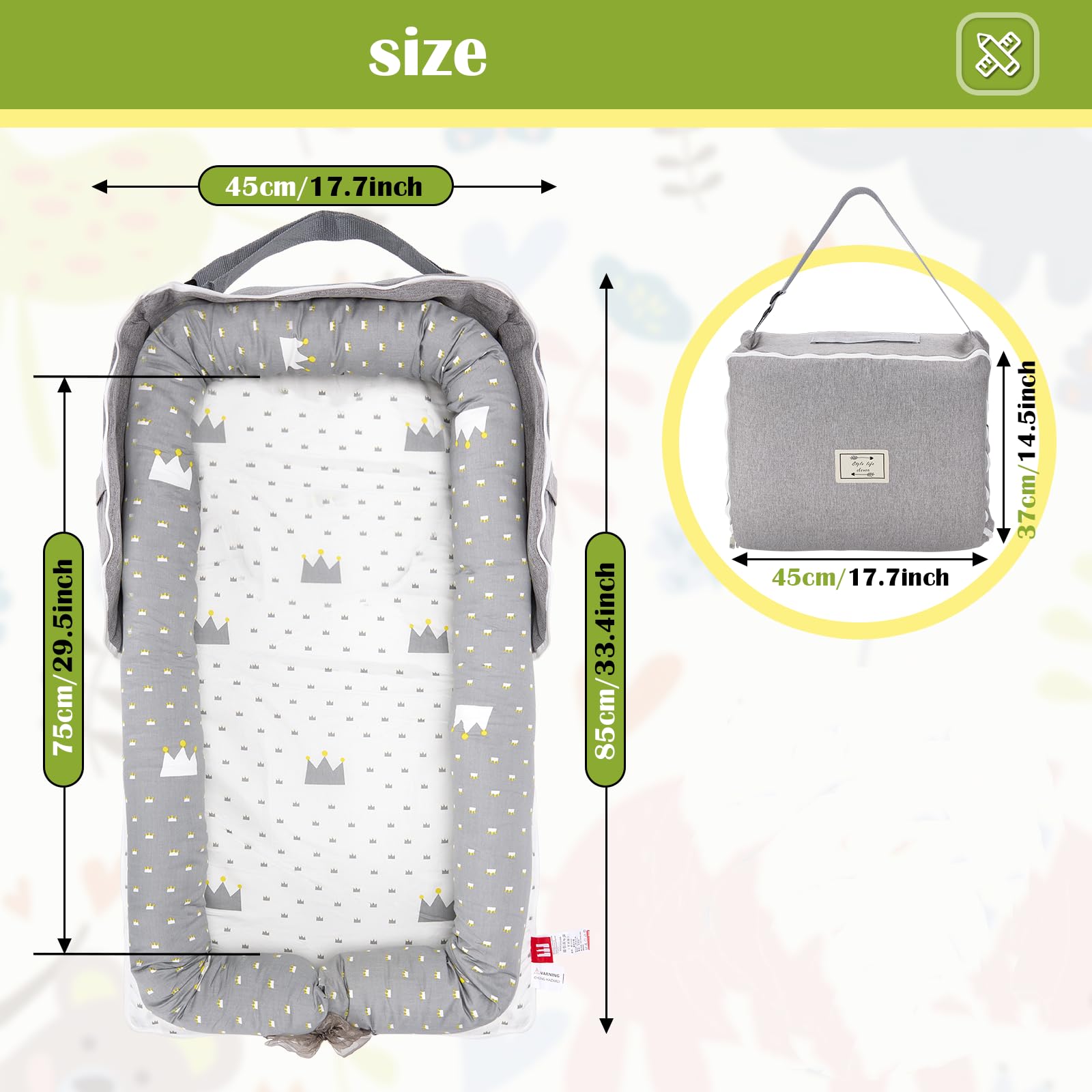 Loevin Crown Grey baby lounger CPSIA-certified safety label visible.