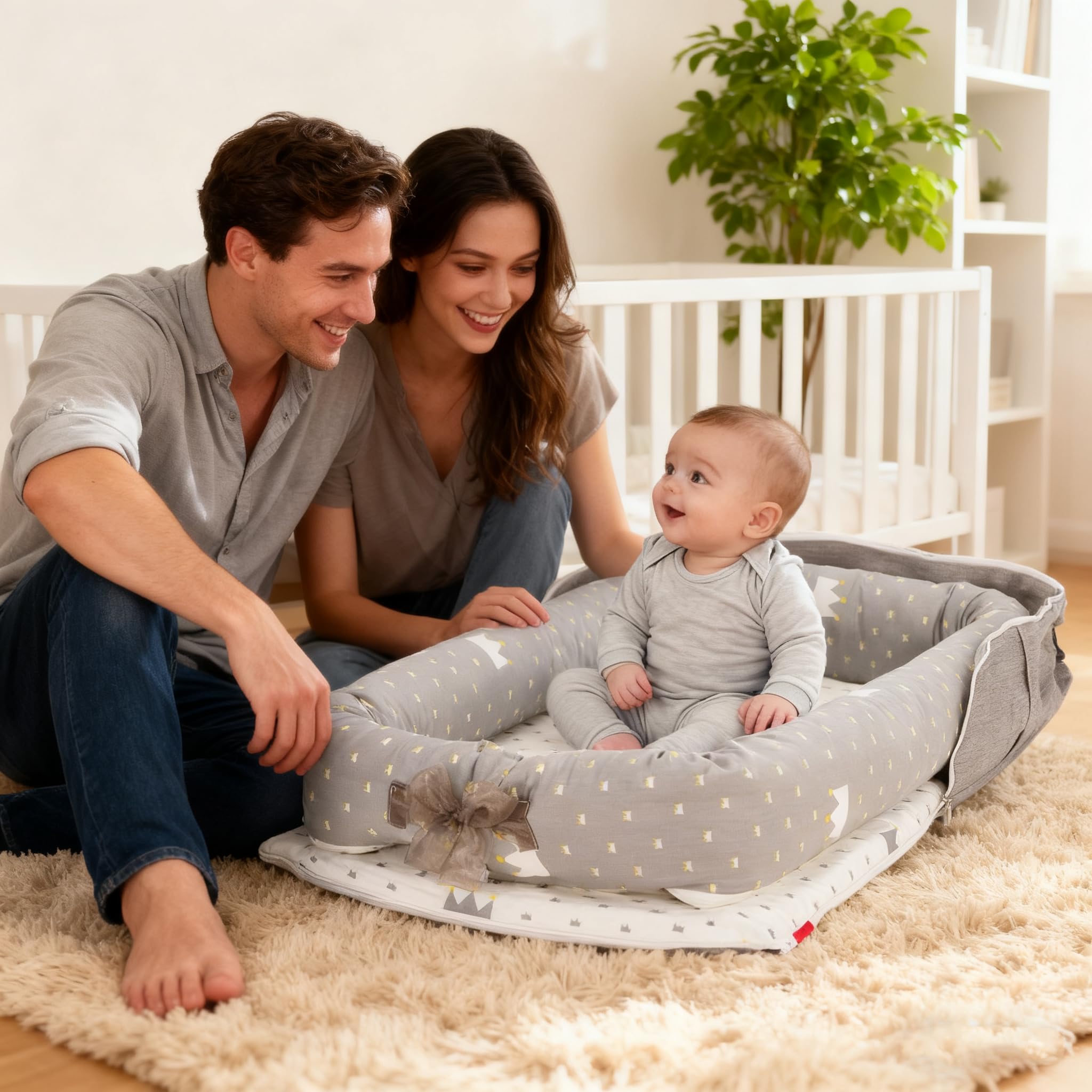 Loevin Crown Grey baby lounger compact size ideal for on-the-go.