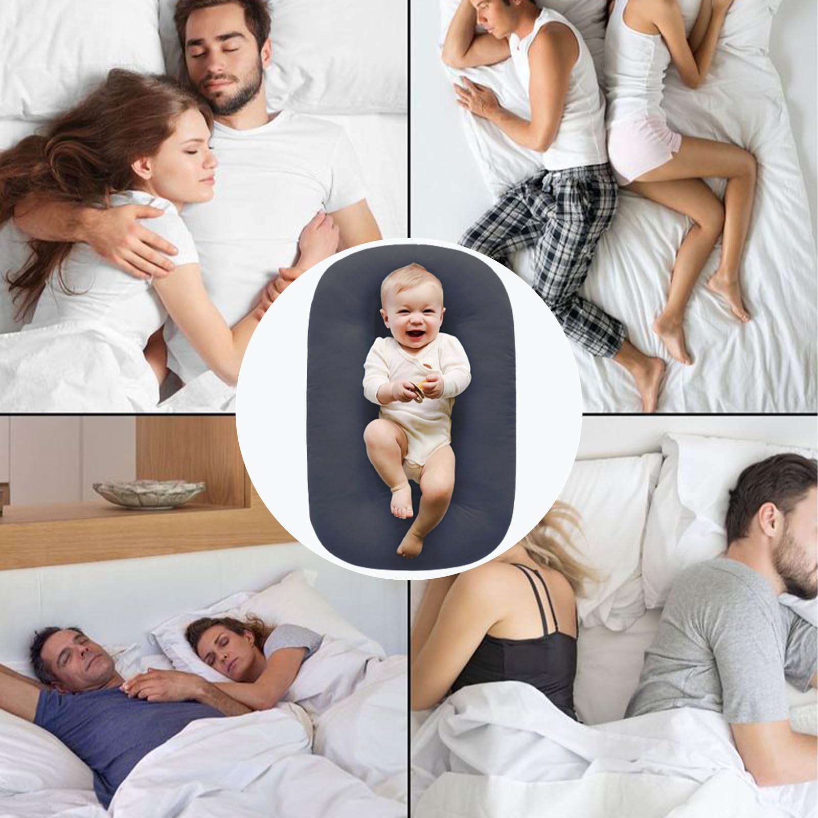 Loevin baby lounger dimensions and setup on flat surface.