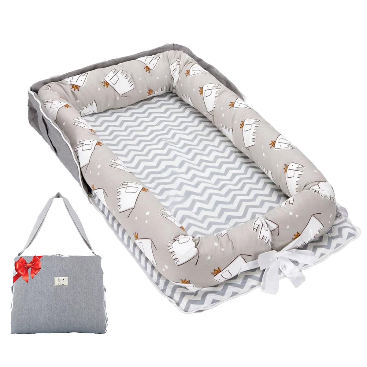 Loevin Baby Lounger Elephant Grey with soft cotton cover for newborn comfort.