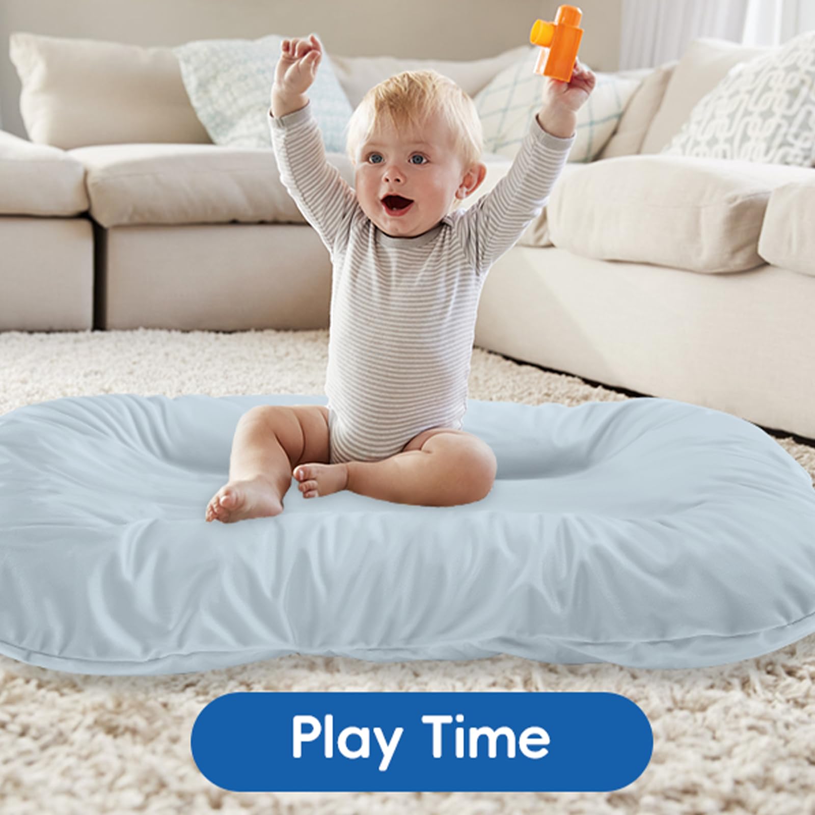 Loevin Baby Lounger Misty Blue removable cover allows easy cleaning.
