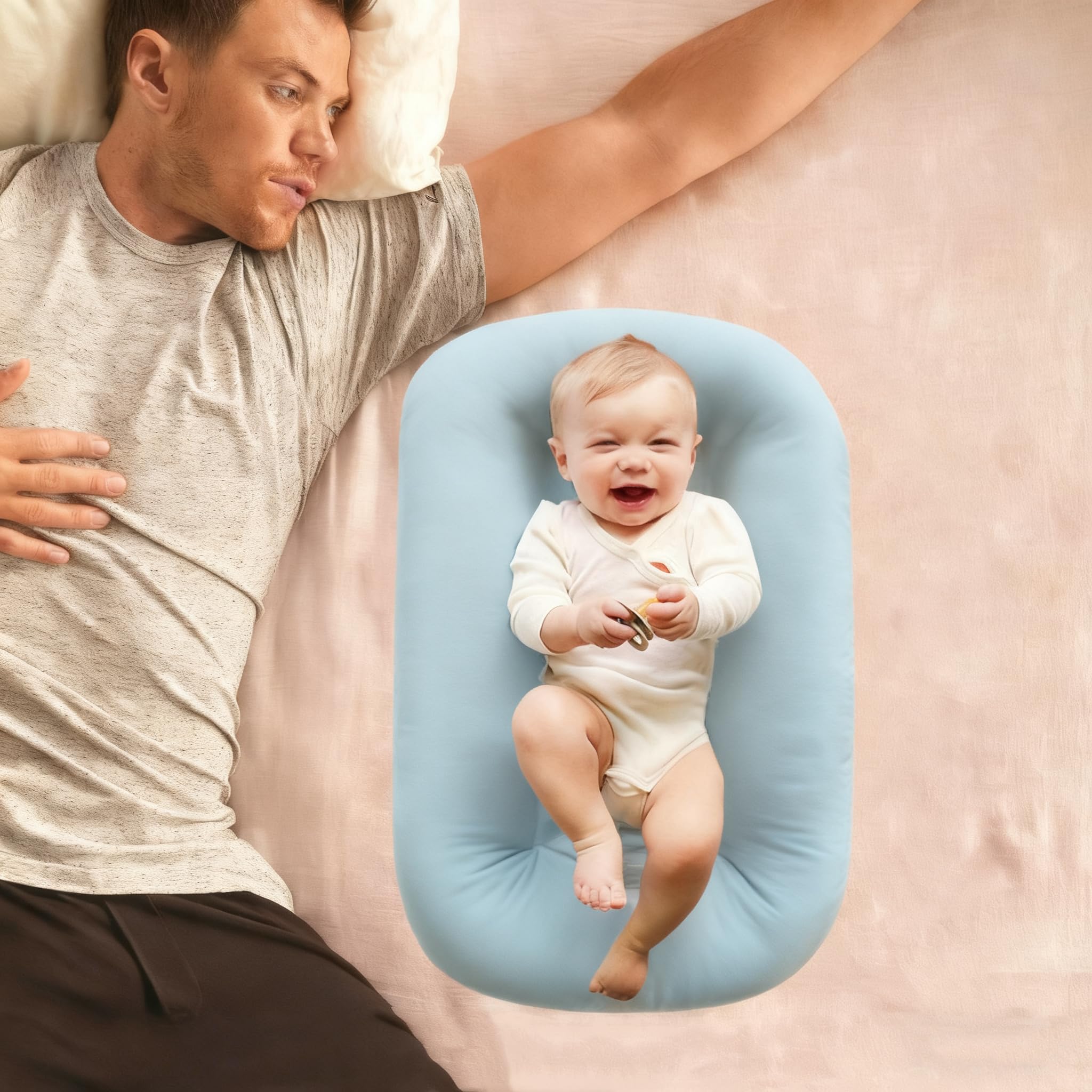 Loevin Baby Lounger Misty Blue vacuum-pack image highlights portable packaging.