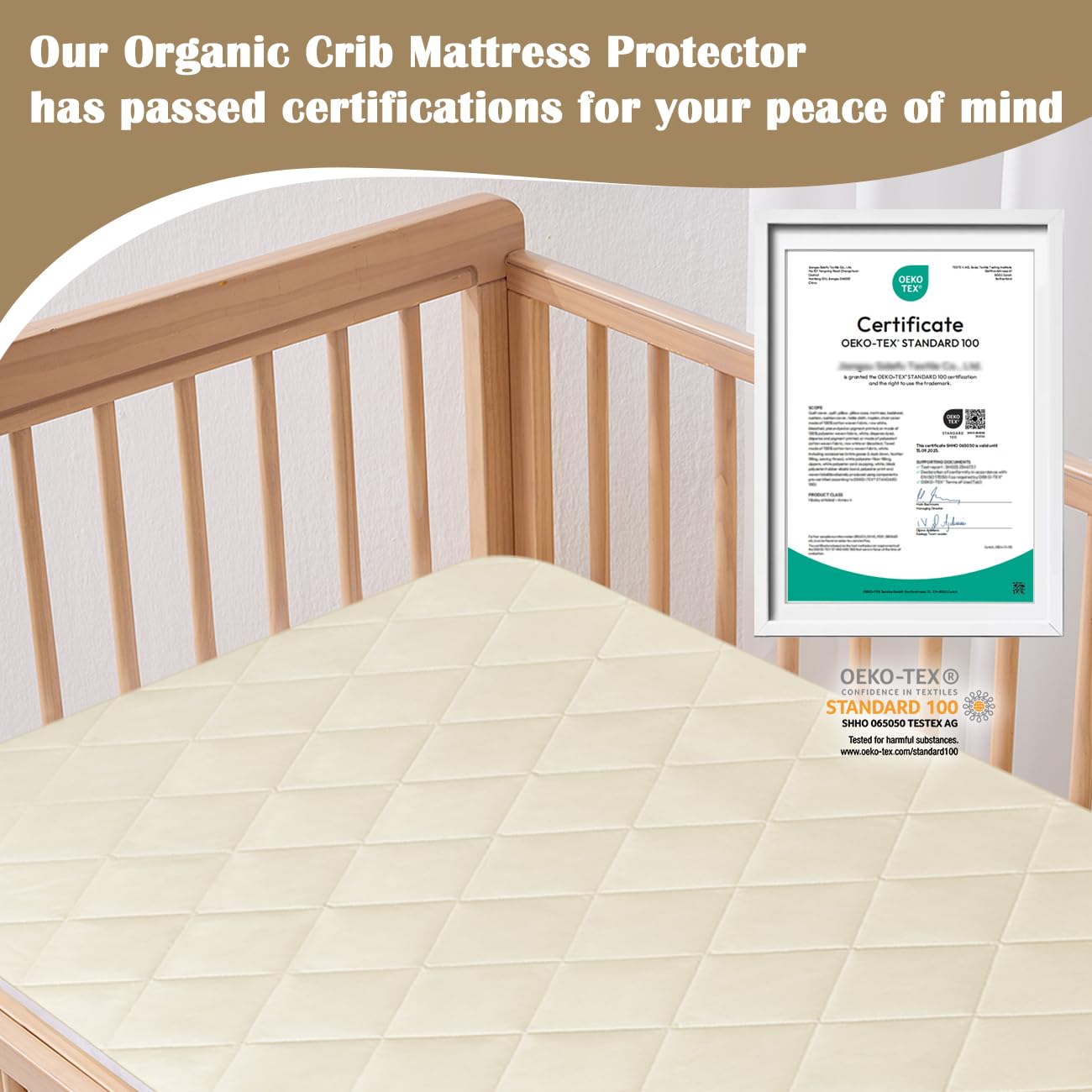 Soft organic cotton surface of LOFE crib protector in use.