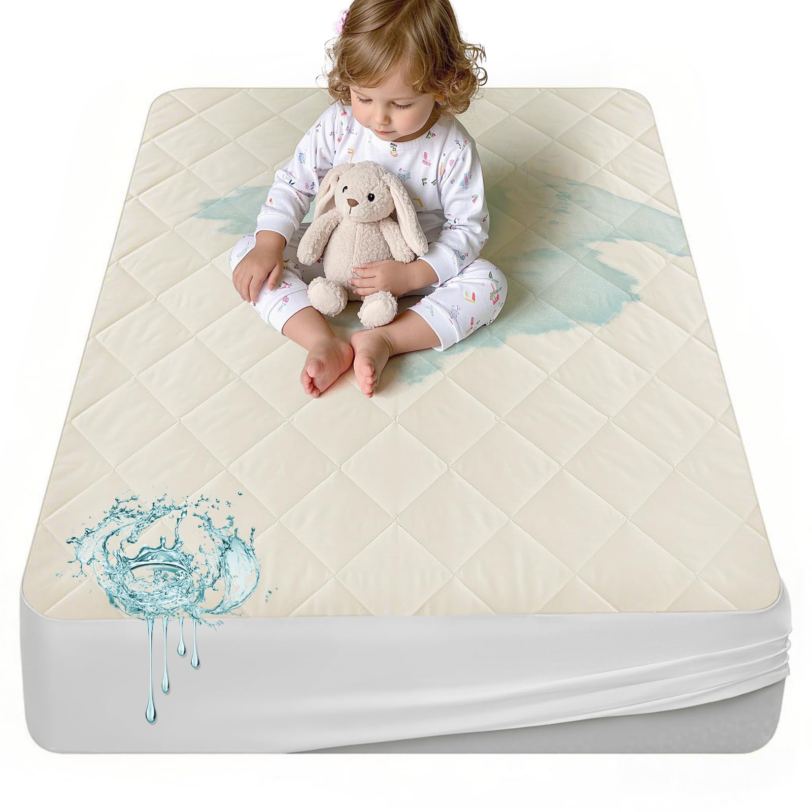 LOFE organic crib mattress protector with top and side waterproof layer.