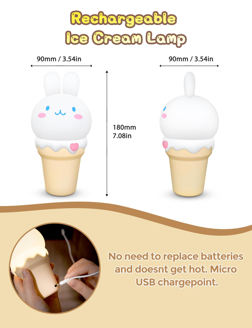 LOHAS LED Bunny Ice Cream Night Light magnetic detachment enables easy cleaning.