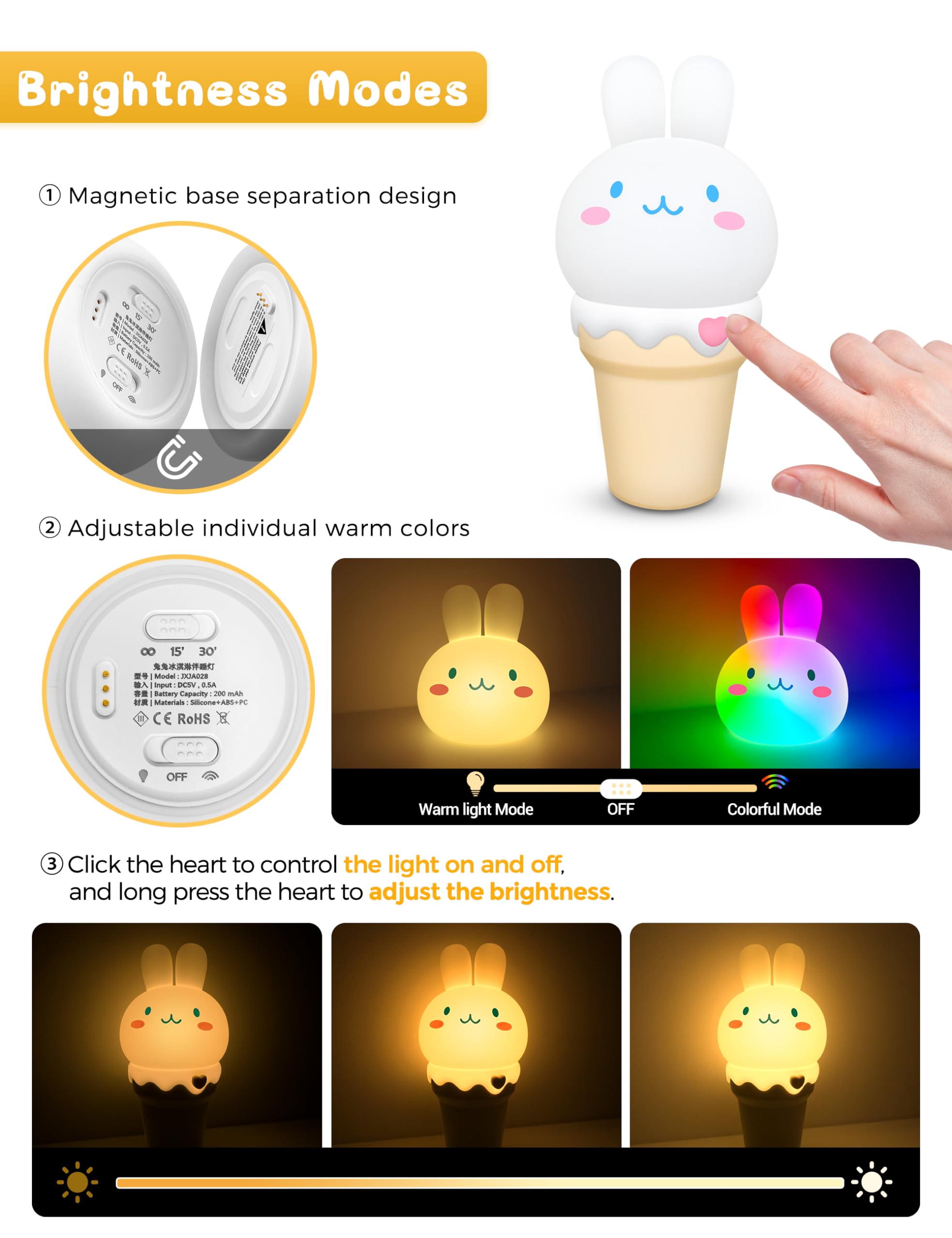 LOHAS LED Bunny Ice Cream Night Light rechargeable base keeps it ready anytime.