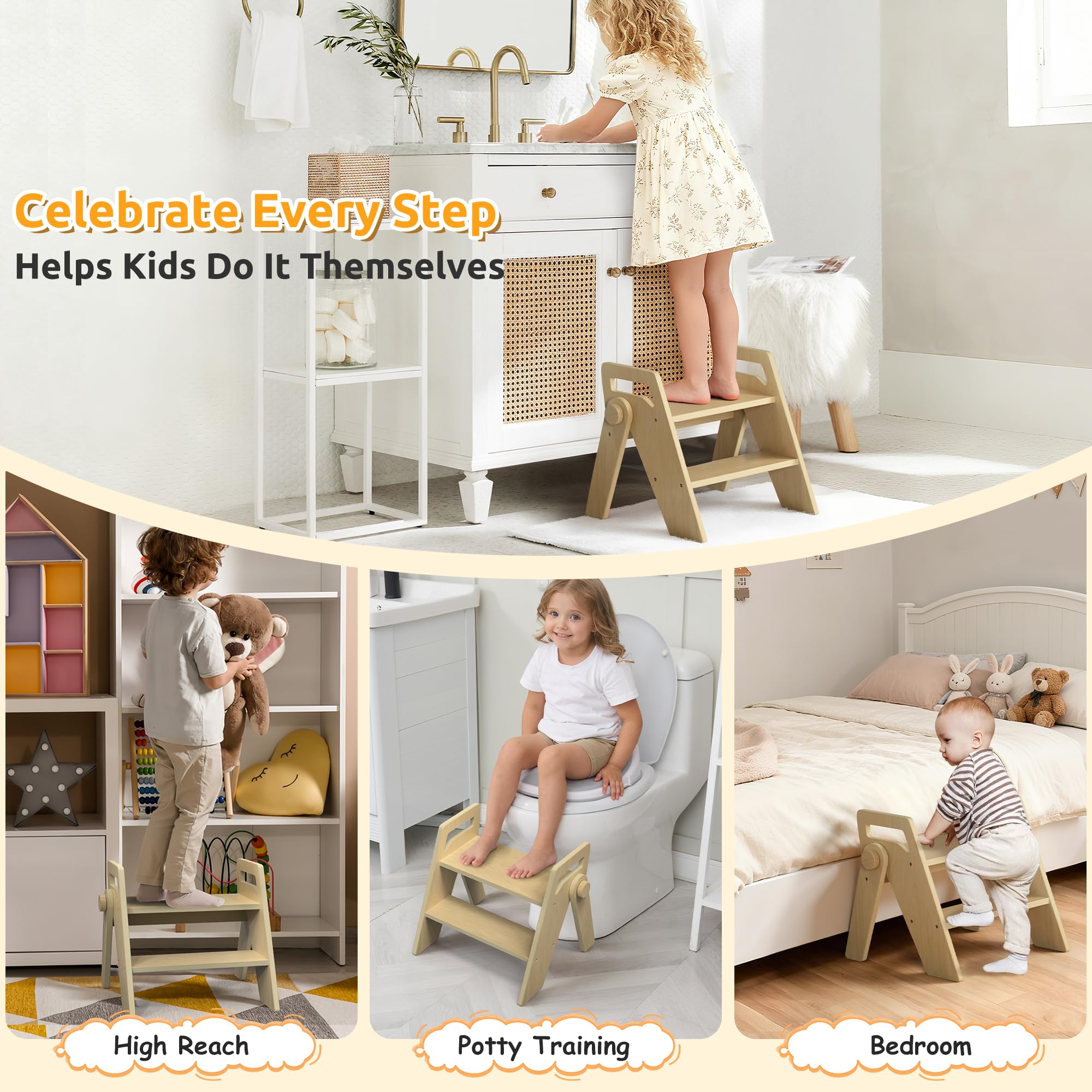 LOHASOK potty-training stool with embedded wooden steps supports stable climbs for little learners.