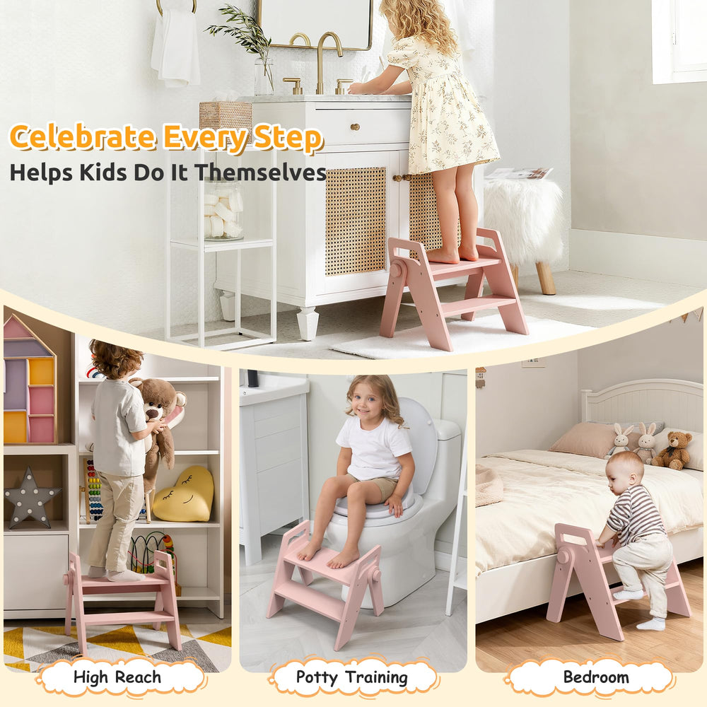 LOHASOK wooden 2-step stool folded flat ideal for compact storage.