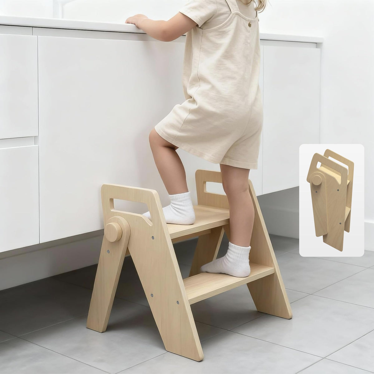 LOHASOK Wooden 2-Step Stool for kids, foldable design for bathroom safety and space saving.