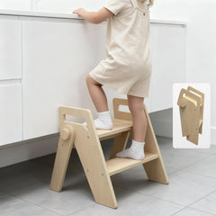 LOHASOK Wooden 2-Step Stool for kids, foldable design for bathroom safety and space saving.