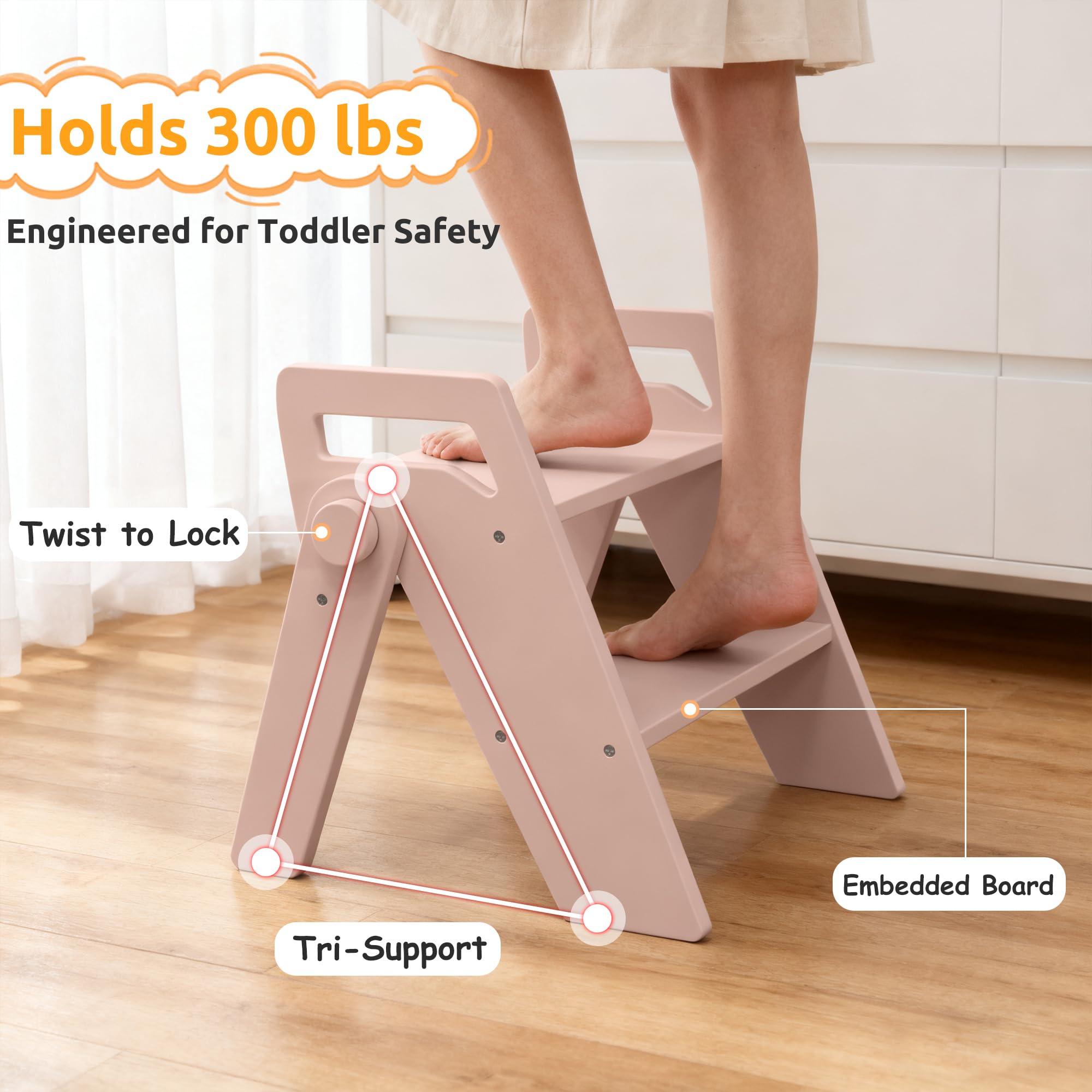 LOHASOK wooden 2-step stool with side handles aids steady ascent.