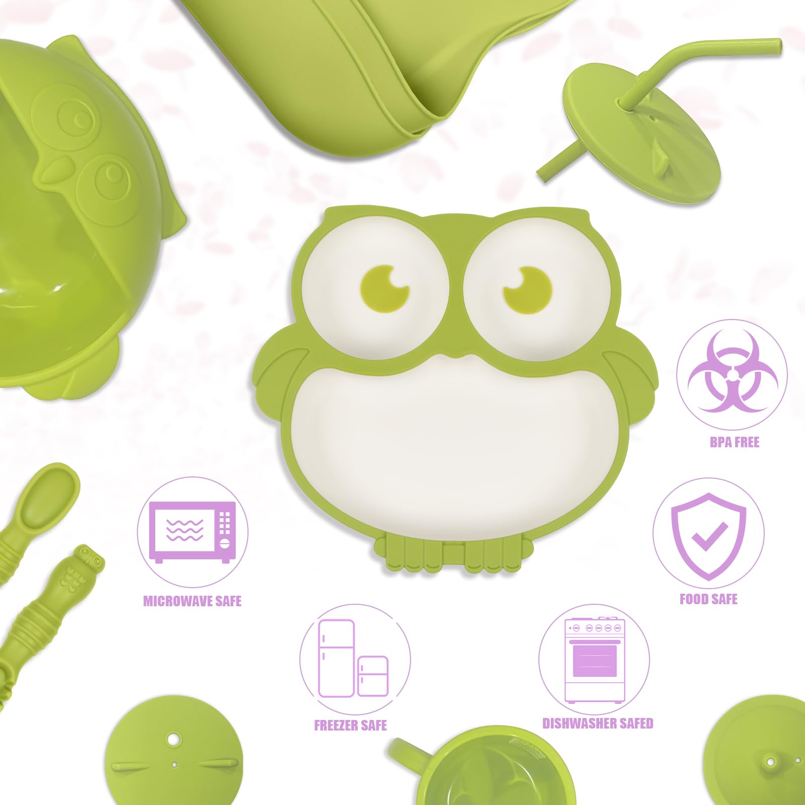 Lokeisna green and white feeding set in a modern kitchen setting.