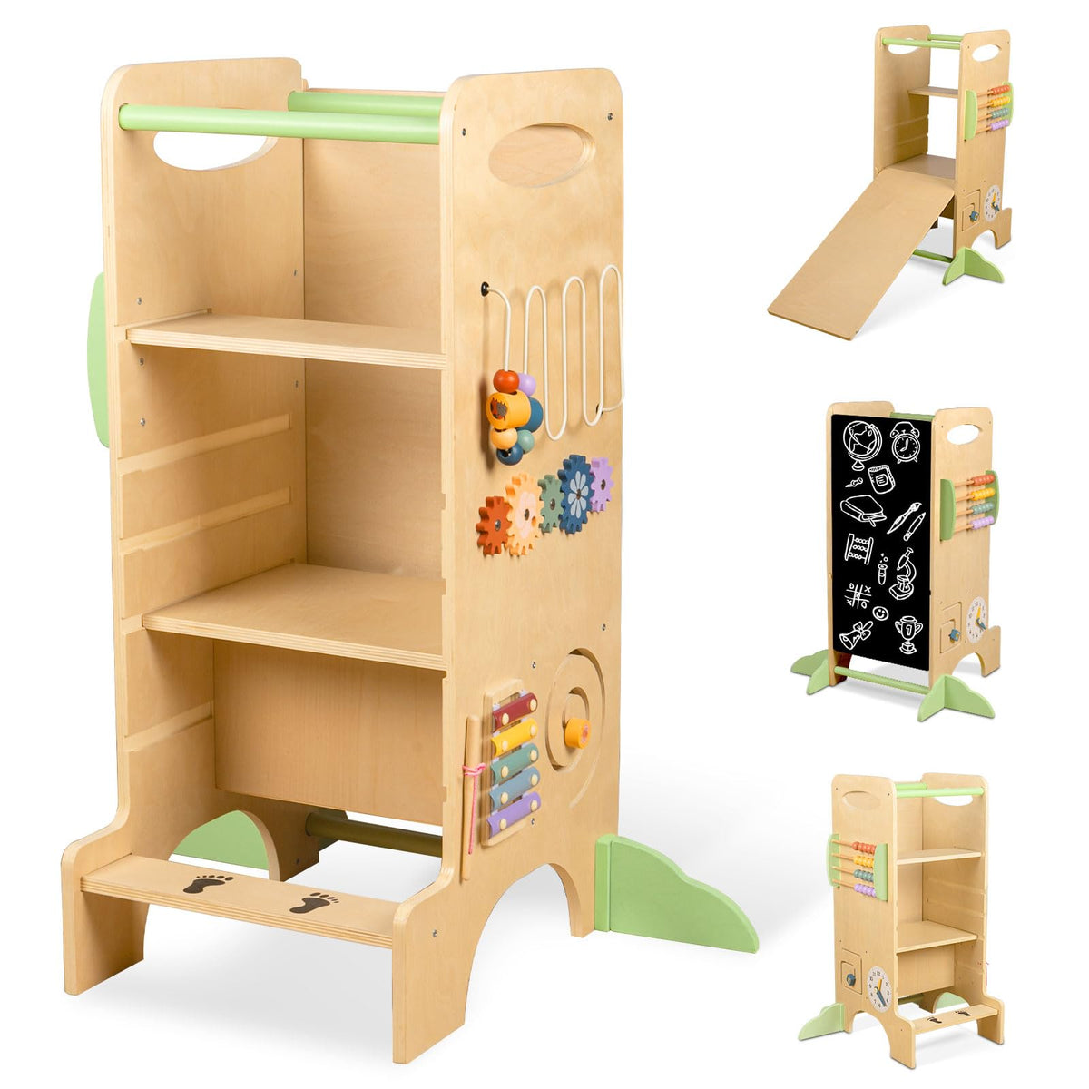 LOL-FUN wooden toddler tower fits under counters for easy kitchen participation.