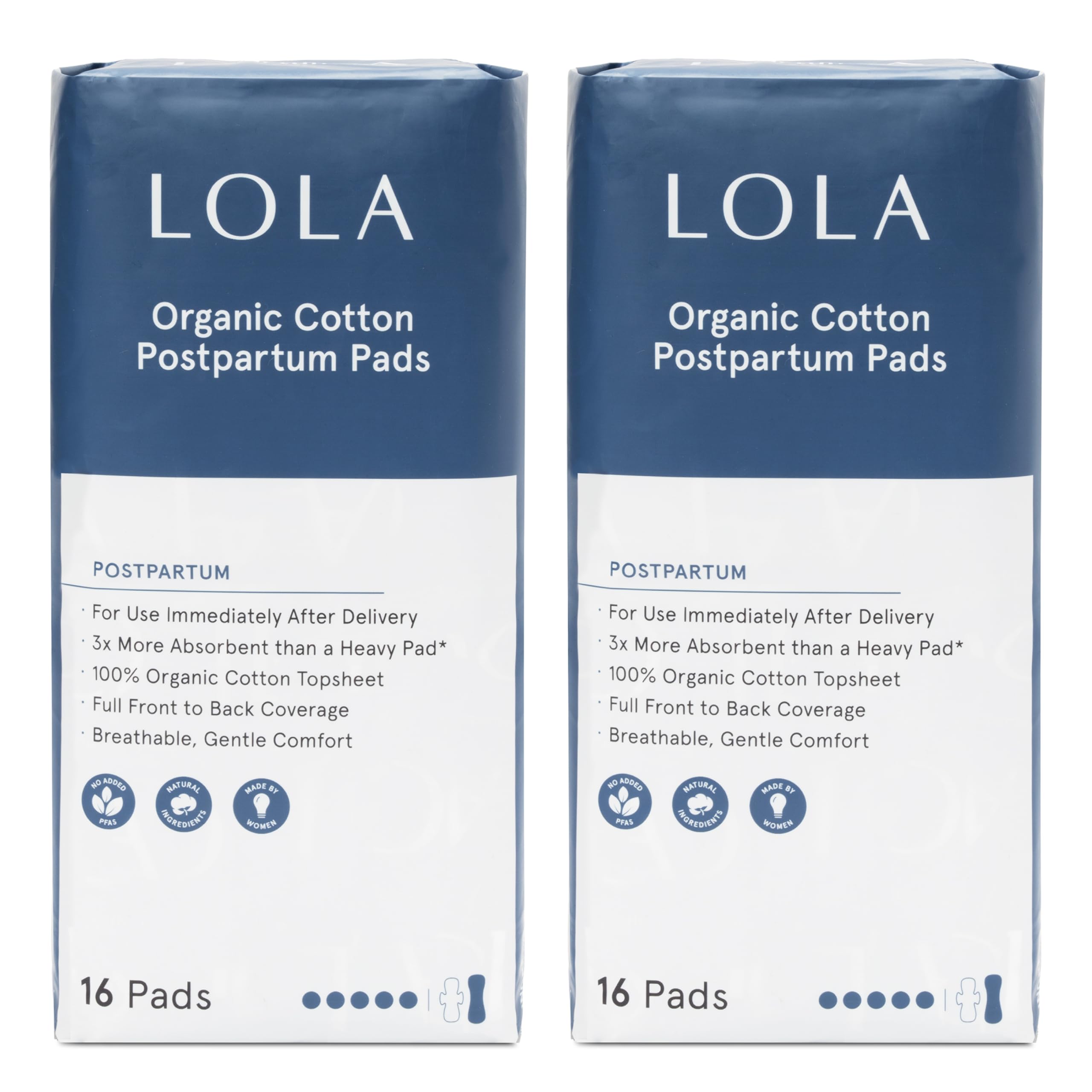 LOLA organic cotton postpartum pad with full-coverage design for overnight protection.