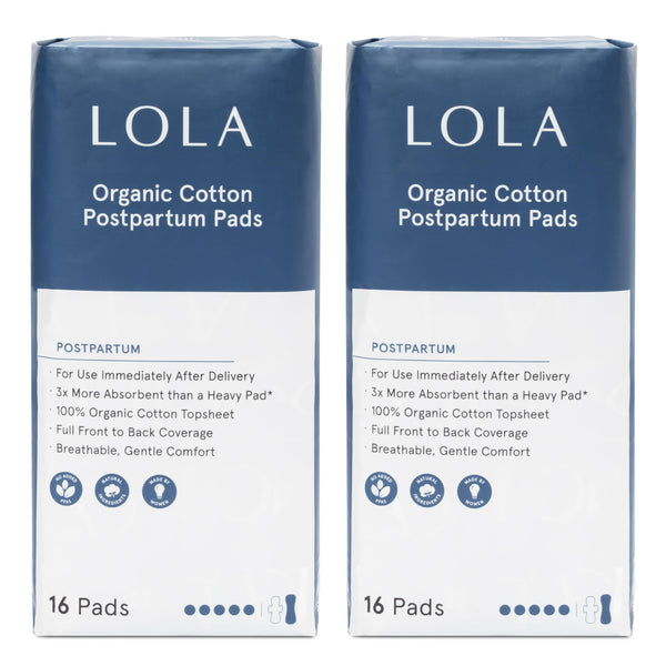 LOLA organic cotton postpartum pad with full-coverage design for overnight protection.