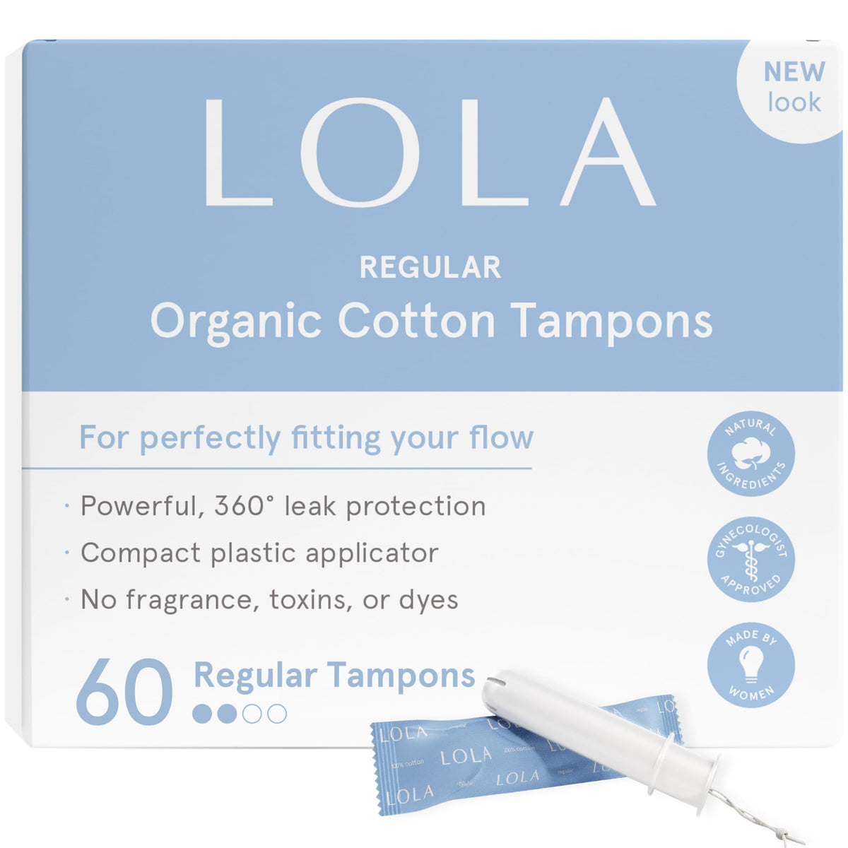 LOLA organic cotton tampons 60-count packaging for convenient daily protection