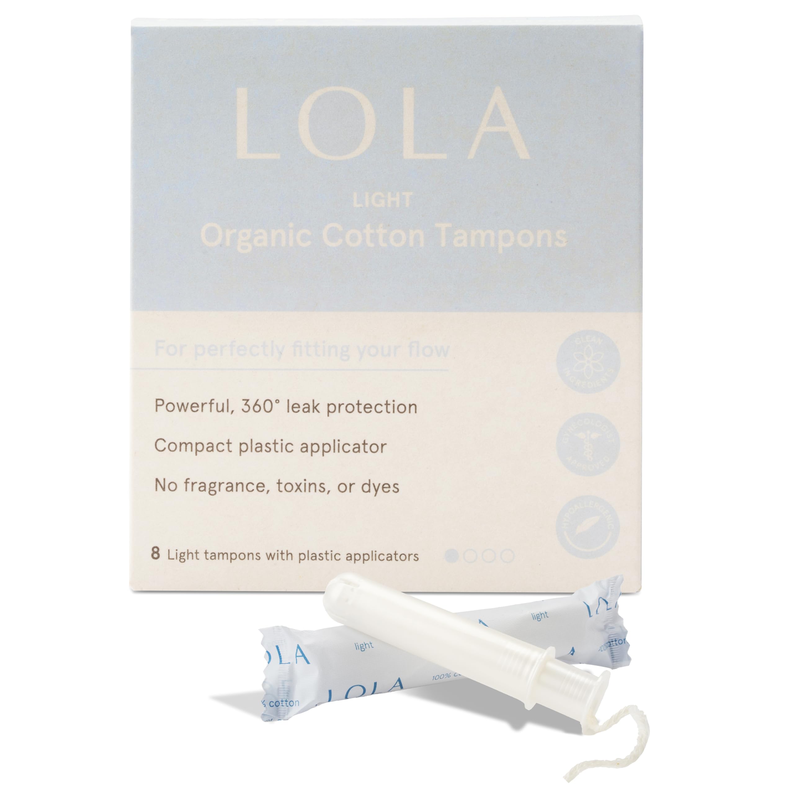 LOLA organic cotton tampons packaging eight-count box for natural protection