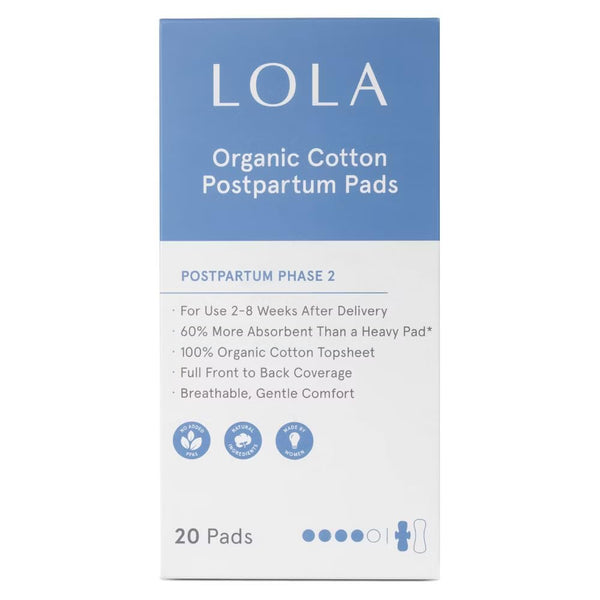 LOLA postpartum pads 20-count with organic cotton topsheet for gentle, breathable protection.