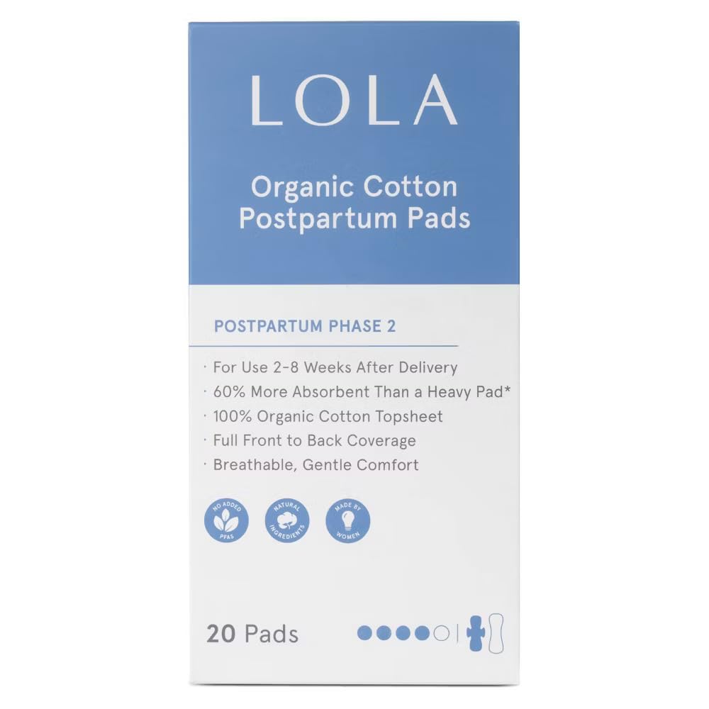 LOLA postpartum pads 20-count with organic cotton topsheet for gentle, breathable protection.