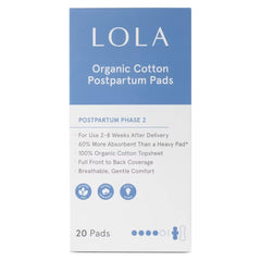 LOLA postpartum pads 20-count with organic cotton topsheet for gentle, breathable protection.