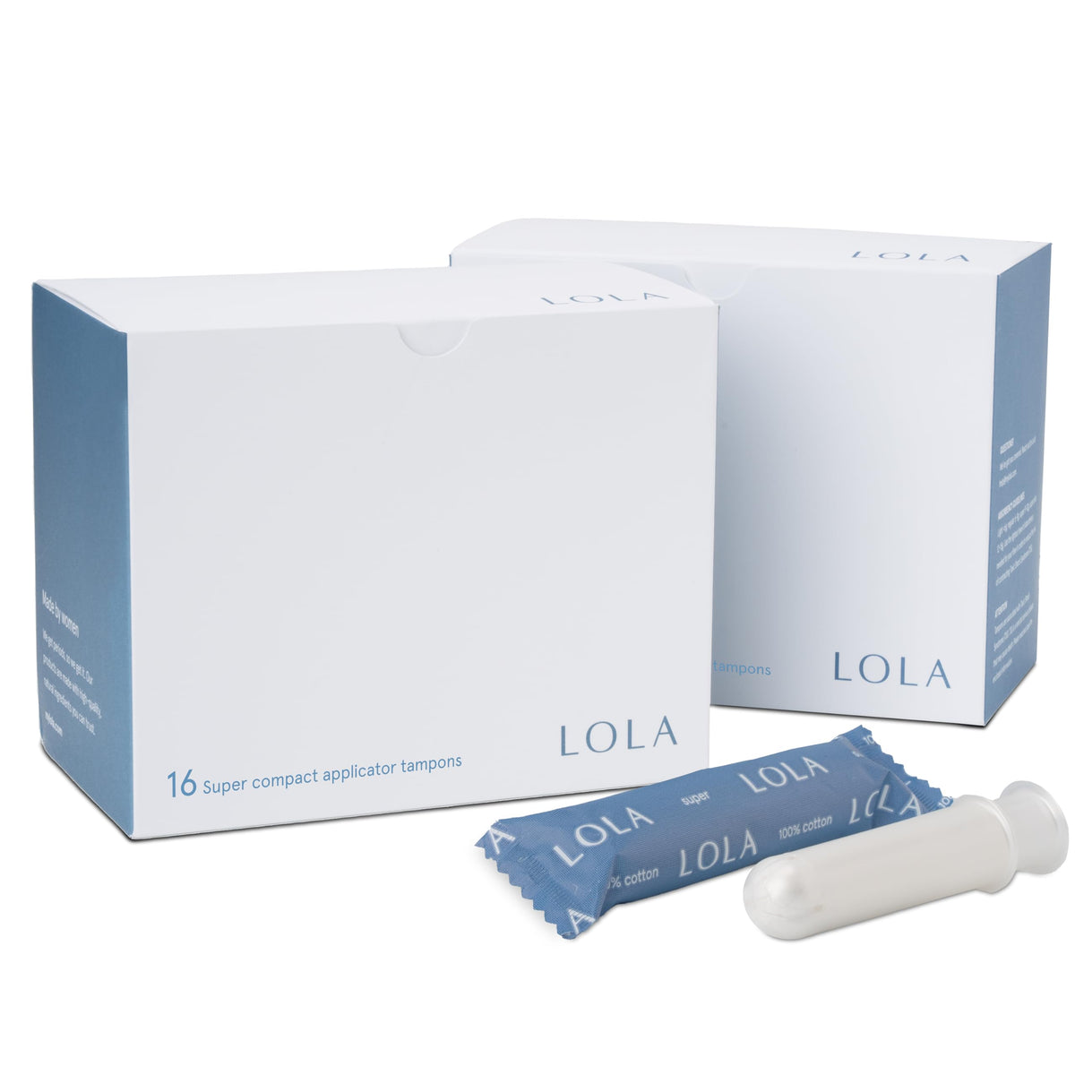 LOLA tampons packaging highlights organic cotton and discreet on-the-go use