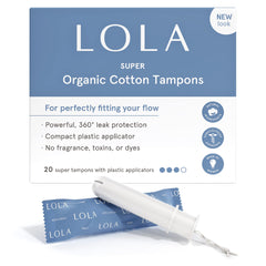 LOLA Super Tampons in a box with compact plastic applicator for easy insertion