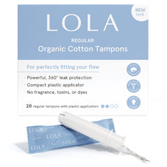 LOLA organic cotton tampons 40-count packaging showcases discreet, portable protection for busy days.