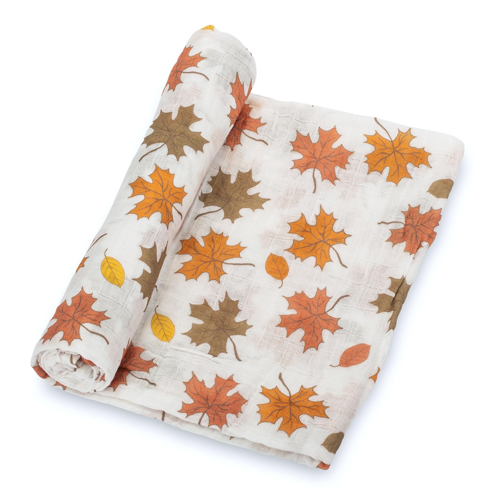 LollyBanks autumn leaf swaddle closeup highlights soft cotton muslin texture for snug newborn comfort.