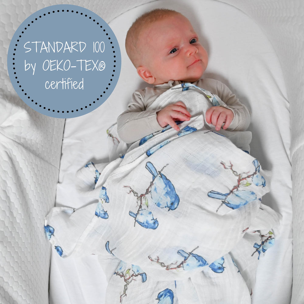 47x47 inch baby blanket in bluebird design ideal for swaddling and nursery decor.