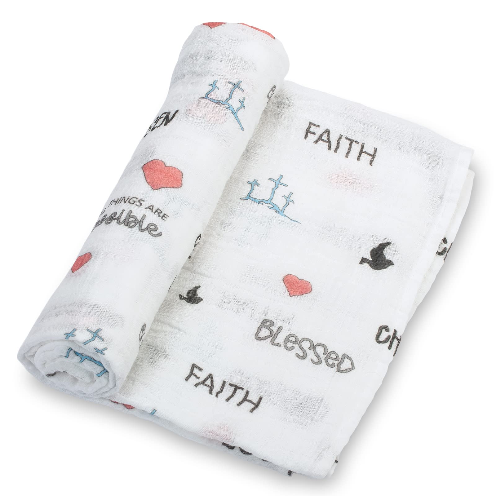 LollyBanks baby blanket faith print, soft muslin close-up for gentle swaddling