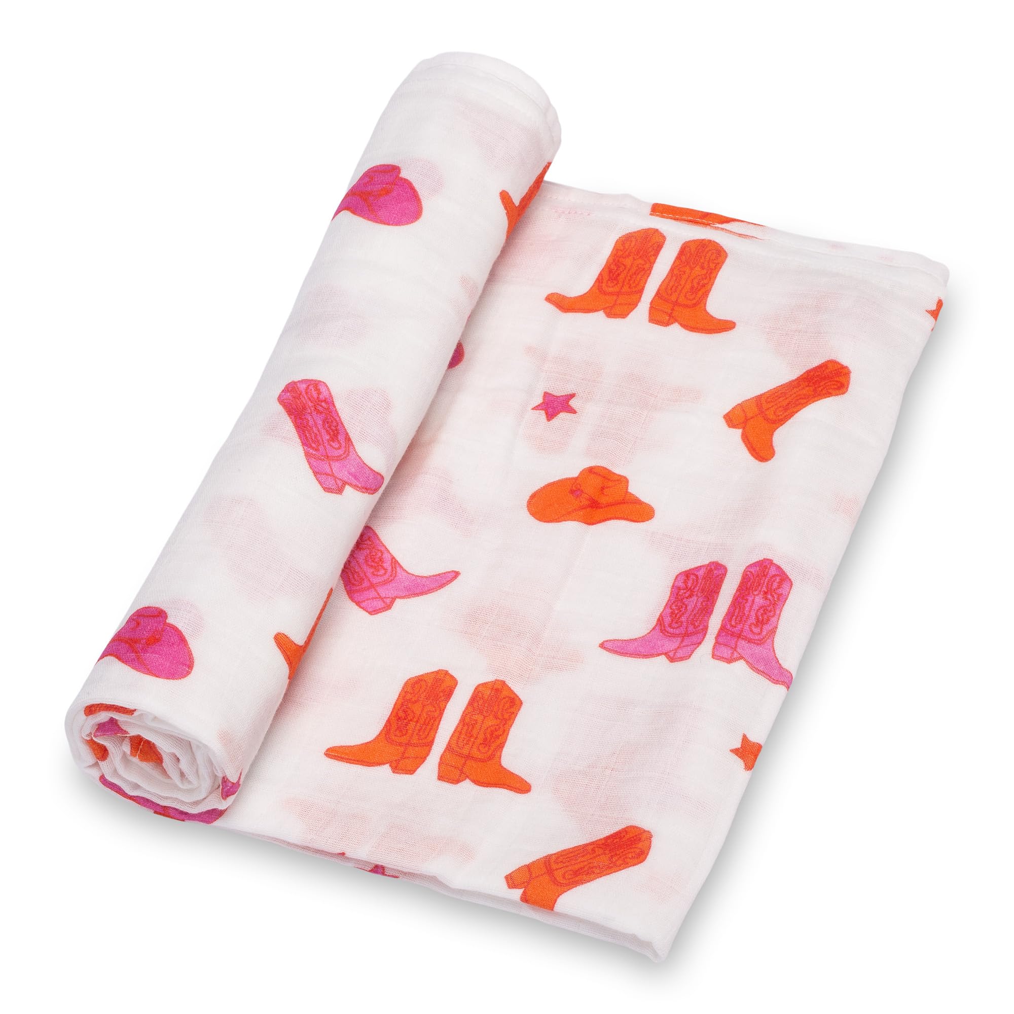 LollyBanks baby muslin swaddle blanket with pink boot print offers gentle comfort for newborn snuggles.