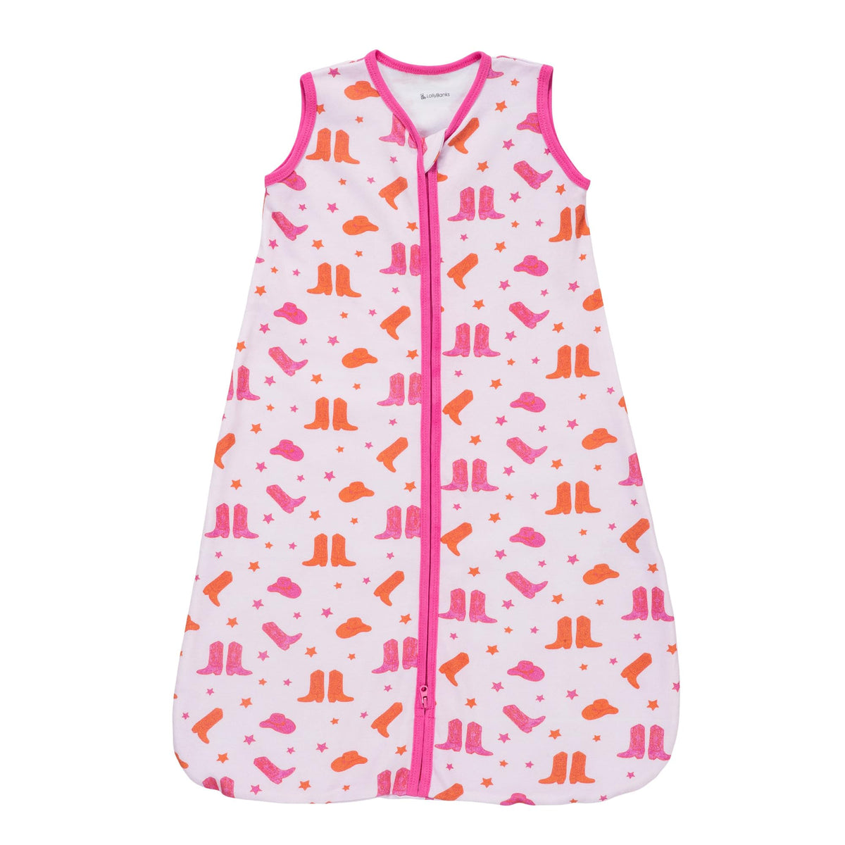 LollyBanks baby sleep sack with pink boot print, cozy sleeveless design for warm nights